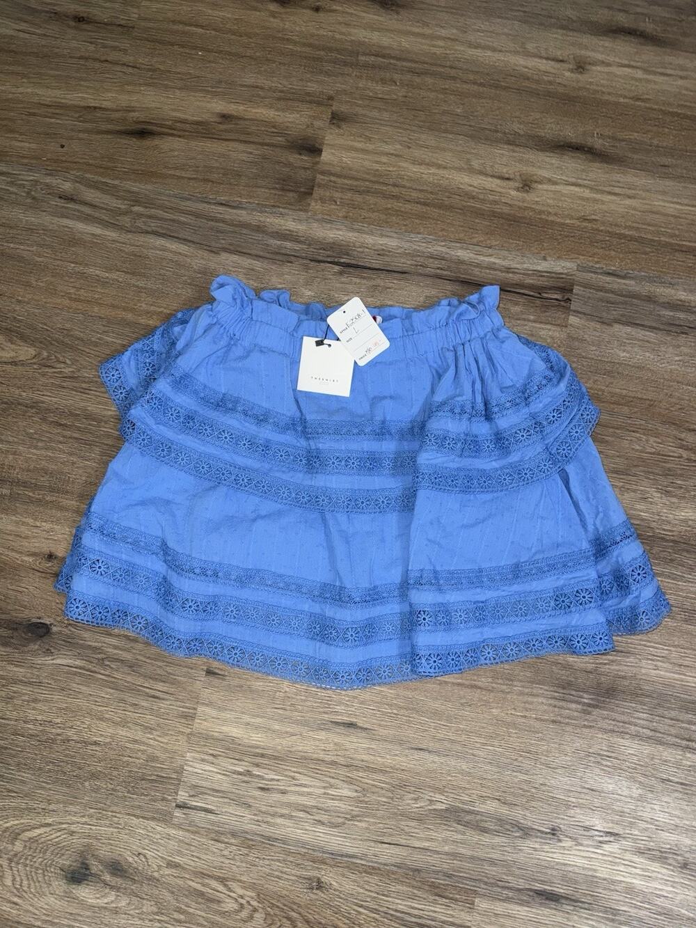 The Shirt (Skirt) Rochelle Behrens Swiss Dot Tiered L Blue Crochet Eyelet NWT